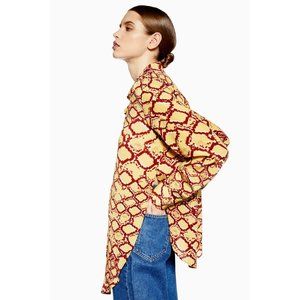 TOPSHOP BOUTIQUE 100% Silk Yellow Button Shirt UK 10 S Snake Python Side Slits